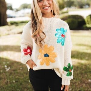 BiBi Cream Sweater with Multicolor Sequins Floral Accents